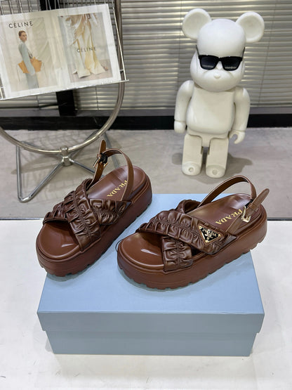 Women Dark Brown Ruched Cross Band Platform Sandals Triangle Gold Logo Adjustable Ankle Buckle Casual Shoes