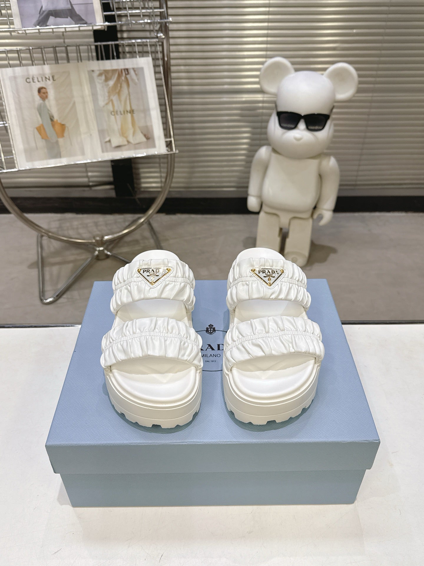 Women White Ruched Two Band Platform Slides Triangle Gold Logo Slip On Casual Sandals