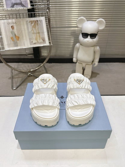 Women White Ruched Two Band Platform Slides Triangle Gold Logo Slip On Casual Sandals