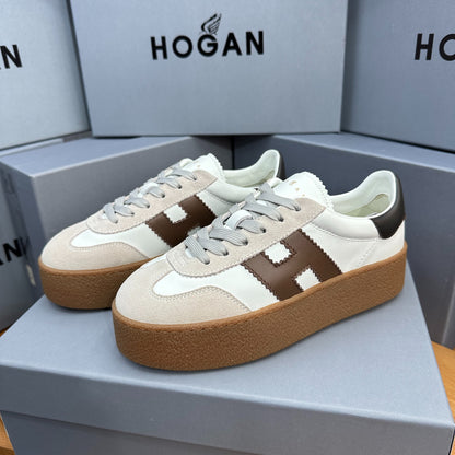 HOGAN White Beige & Brown Thick Gum Platform Casual Sneakers