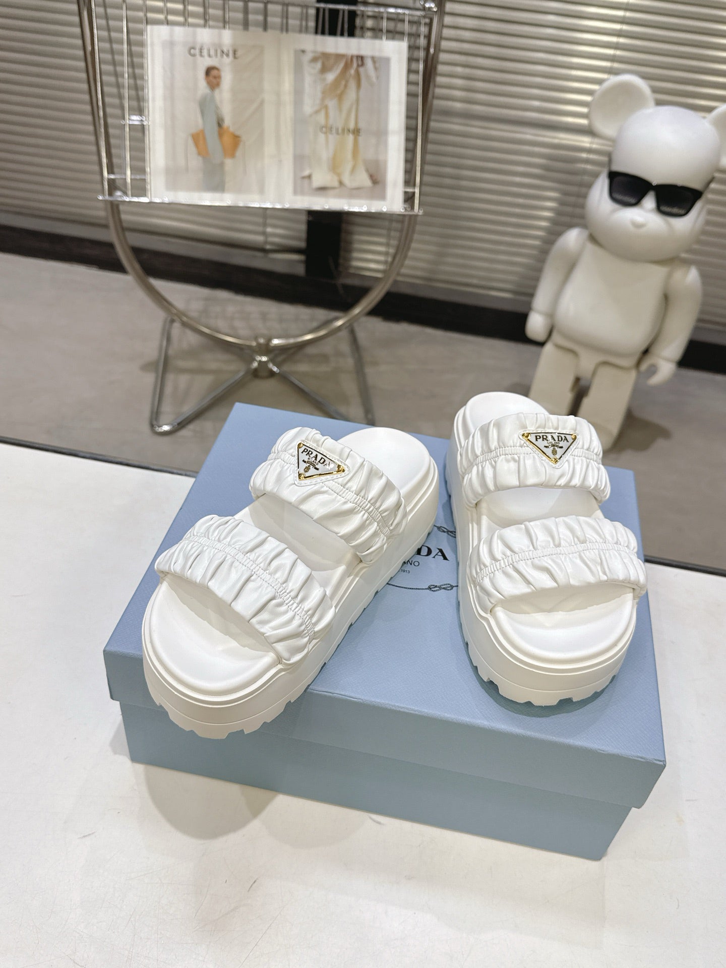 Women White Ruched Two Band Platform Slides Triangle Gold Logo Slip On Casual Sandals