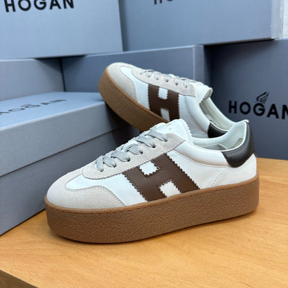 HOGAN White Beige & Brown Thick Gum Platform Casual Sneakers