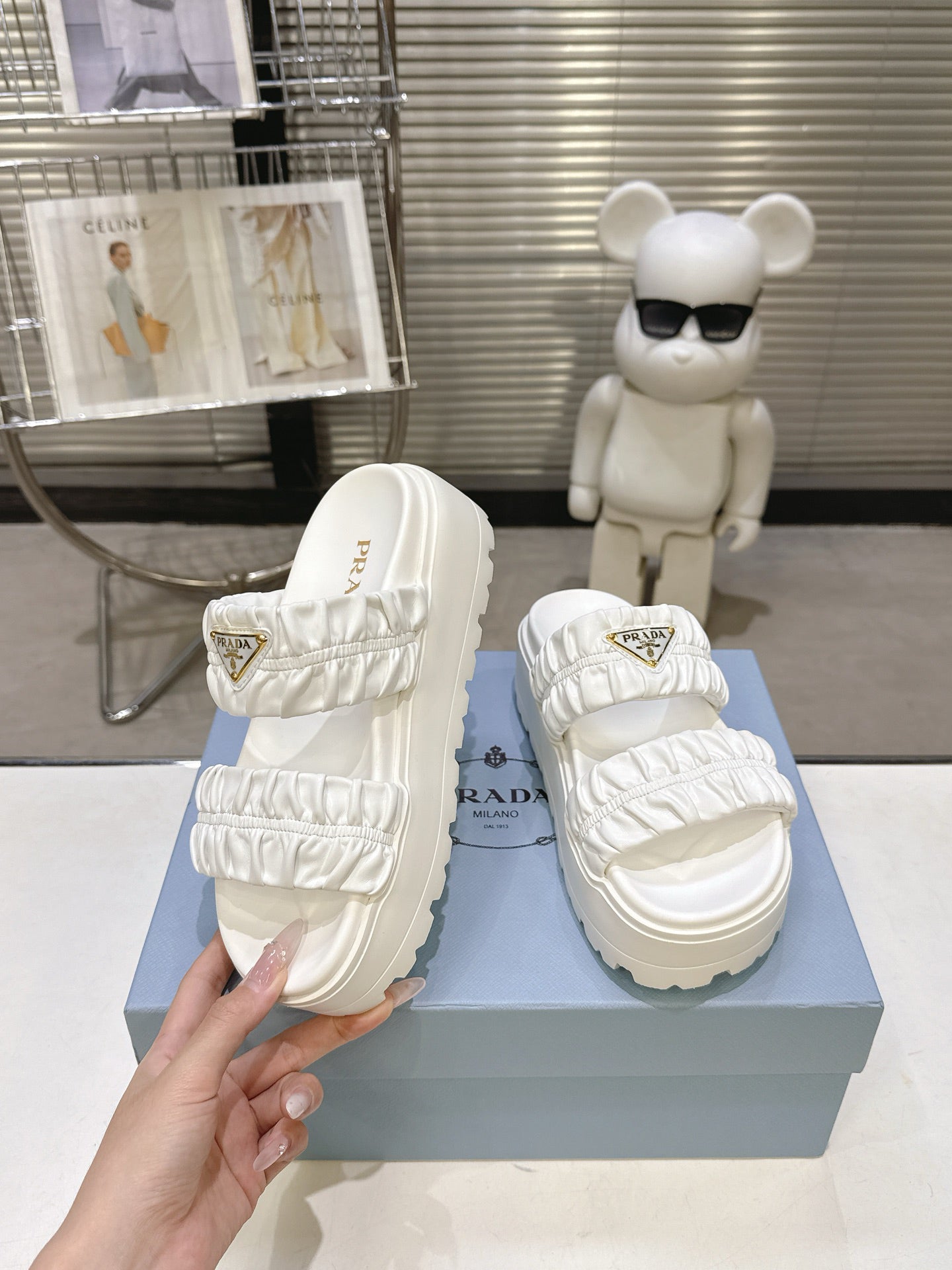 Women White Ruched Two Band Platform Slides Triangle Gold Logo Slip On Casual Sandals