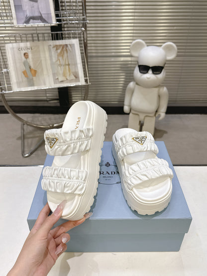 Women White Ruched Two Band Platform Slides Triangle Gold Logo Slip On Casual Sandals