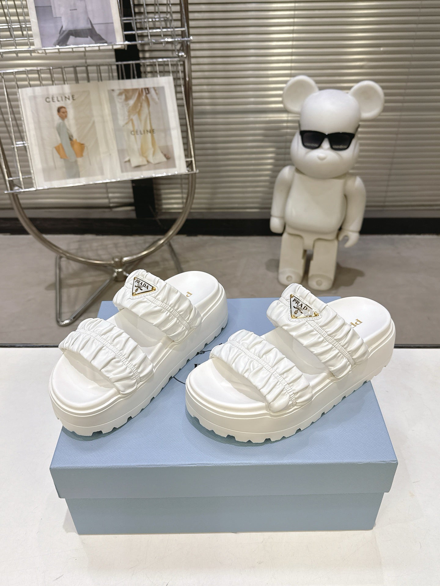 Women White Ruched Two Band Platform Slides Triangle Gold Logo Slip On Casual Sandals