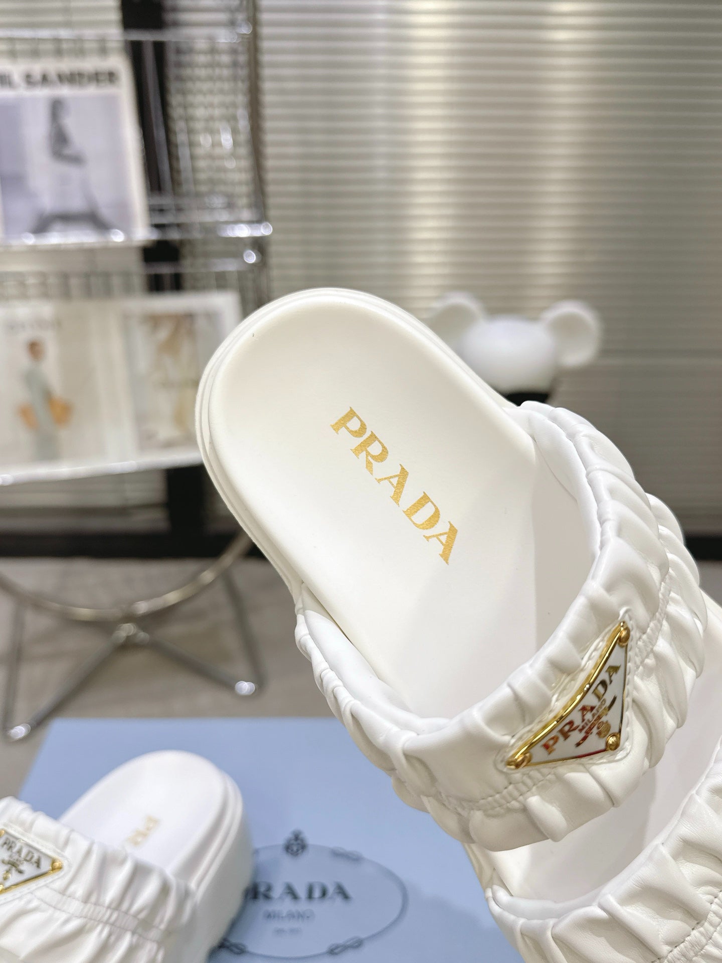 Women White Ruched Two Band Platform Slides Triangle Gold Logo Slip On Casual Sandals
