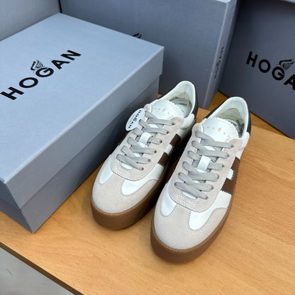 HOGAN White Beige & Brown Thick Gum Platform Casual Sneakers