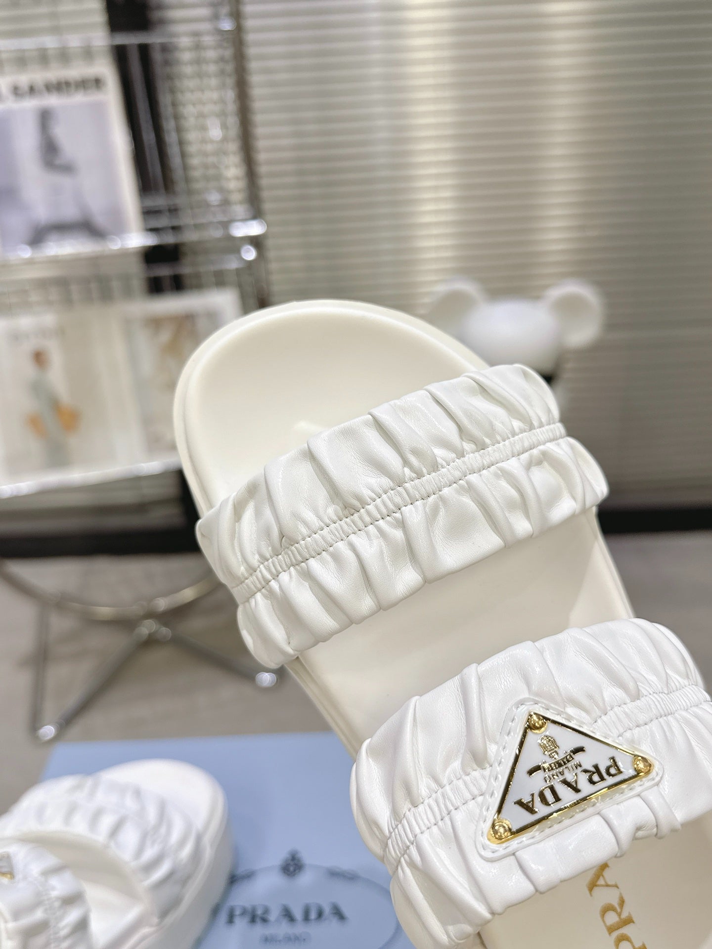 Women White Ruched Two Band Platform Slides Triangle Gold Logo Slip On Casual Sandals