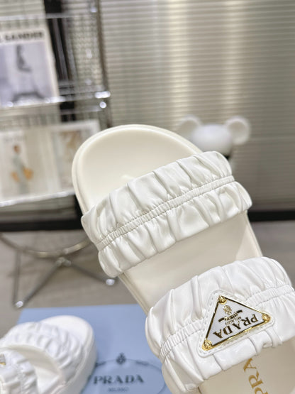 Women White Ruched Two Band Platform Slides Triangle Gold Logo Slip On Casual Sandals