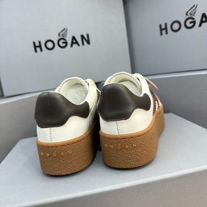 HOGAN White Beige & Brown Thick Gum Platform Casual Sneakers