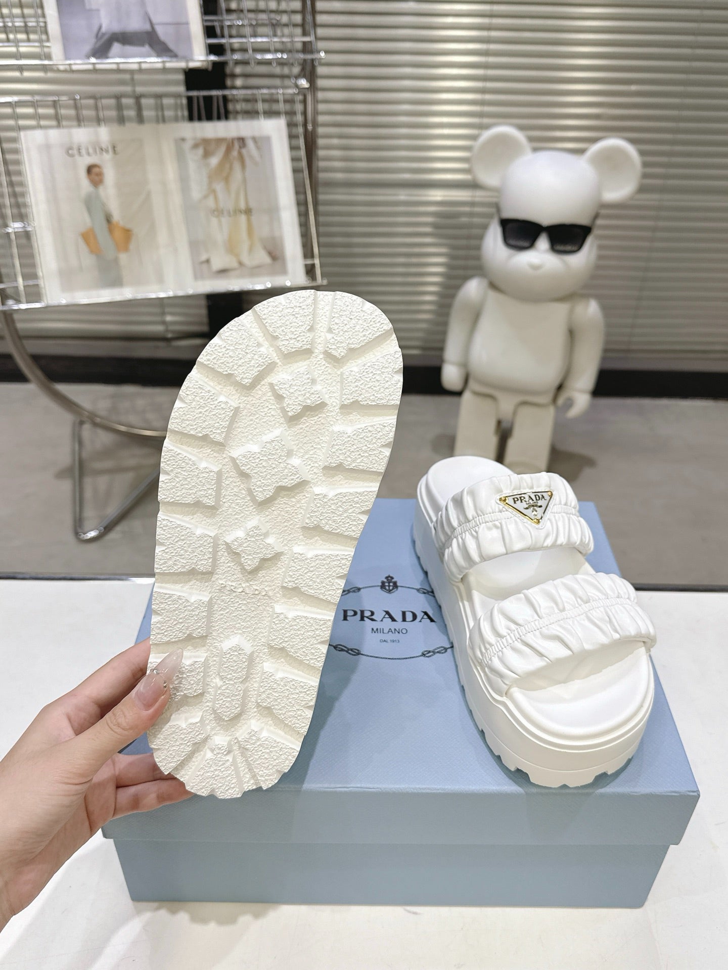 Women White Ruched Two Band Platform Slides Triangle Gold Logo Slip On Casual Sandals