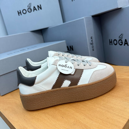 HOGAN White Beige & Brown Thick Gum Platform Casual Sneakers