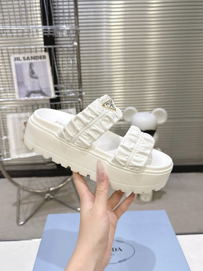 Women White Ruched Two Band Platform Slides Triangle Gold Logo Slip On Casual Sandals