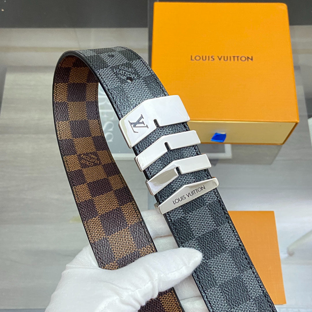 LV Damier Ebene Belt with Gold Chevron Buckle