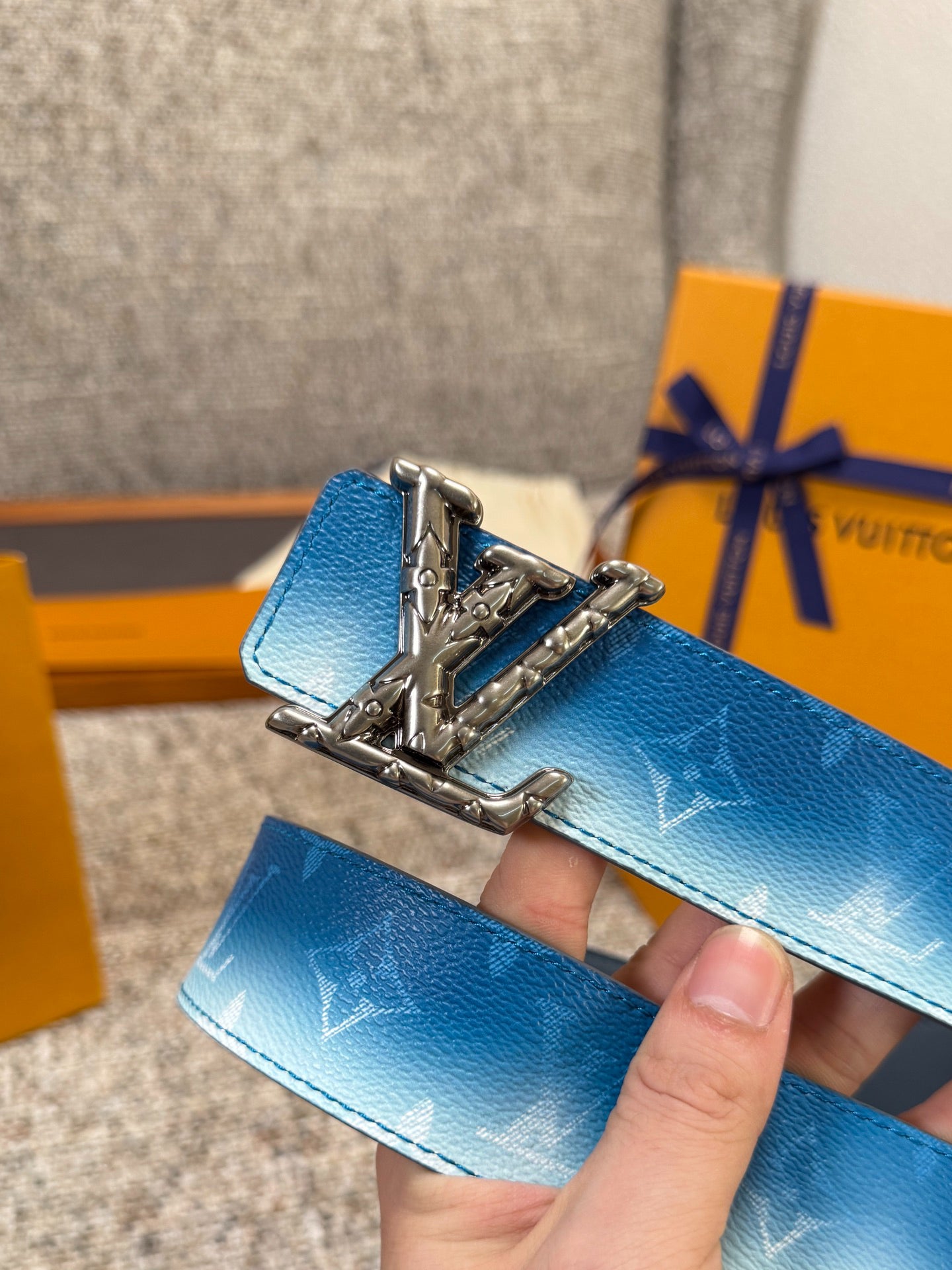 LV Blue Gradient Monogram 40mm Belt with Silver Carved LV Buckle
