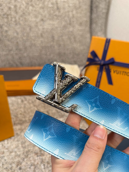 LV Blue Gradient Monogram 40mm Belt with Silver Carved LV Buckle