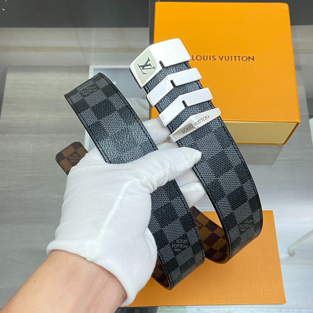 LV Damier Ebene Belt with Gold Chevron Buckle