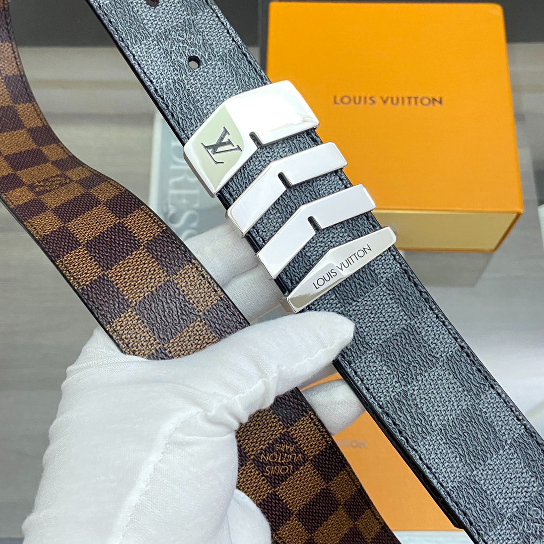 LV Damier Ebene Belt with Gold Chevron Buckle
