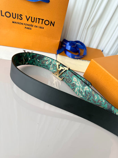 Green Camo Pattern Leather Men Belt Gold Metal Logo Buckle Fashion Dress Belt