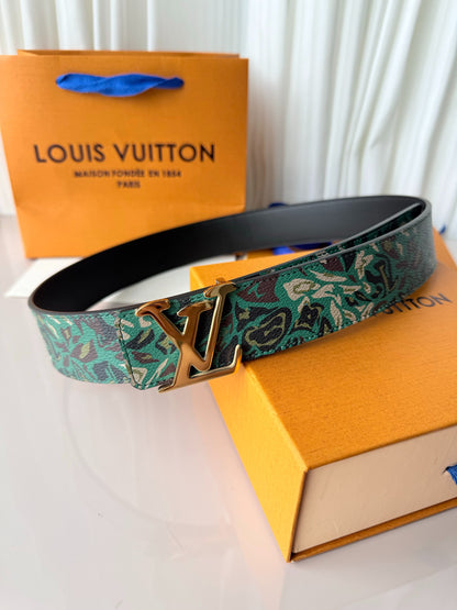 Green Camo Pattern Leather Men Belt Gold Metal Logo Buckle Fashion Dress Belt