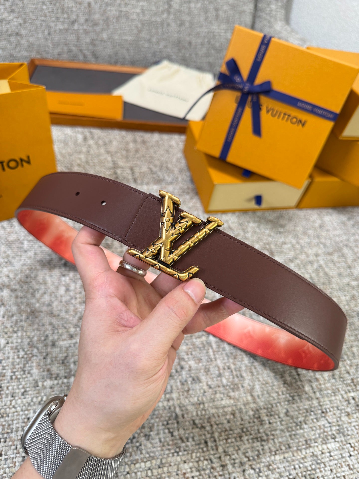 LV Blue Gradient Monogram 40mm Belt with Silver Carved LV Buckle