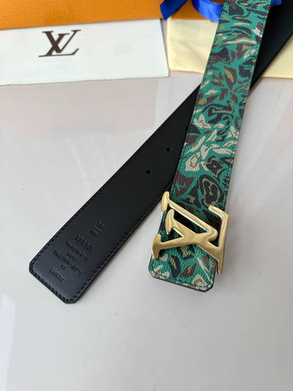 Green Camo Pattern Leather Men Belt Gold Metal Logo Buckle Fashion Dress Belt