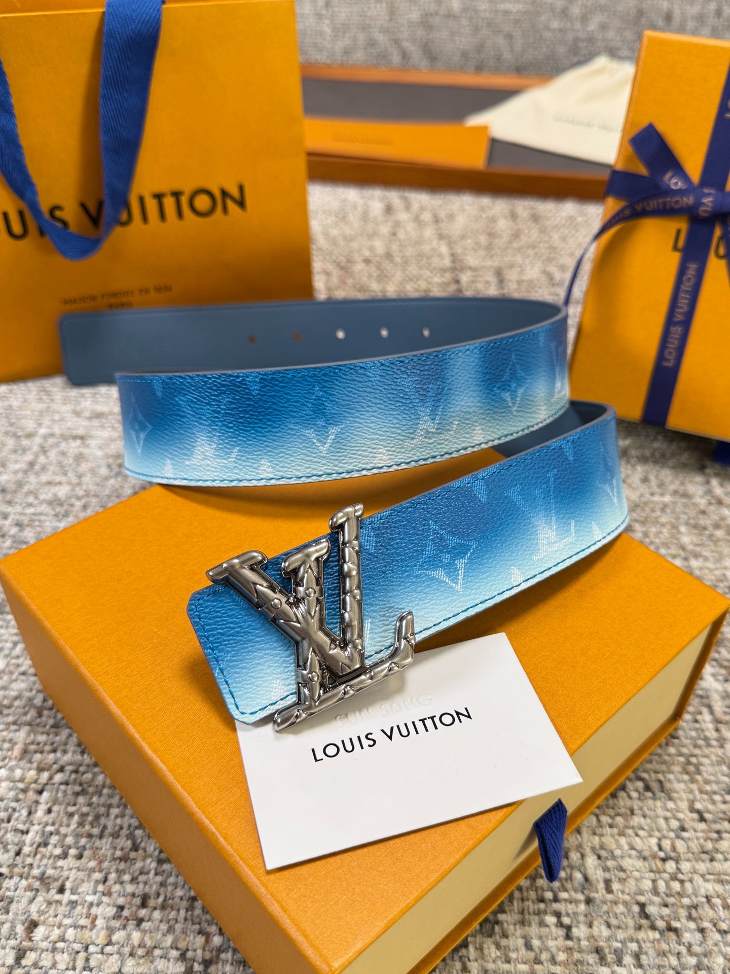LV Blue Gradient Monogram 40mm Belt with Silver Carved LV Buckle