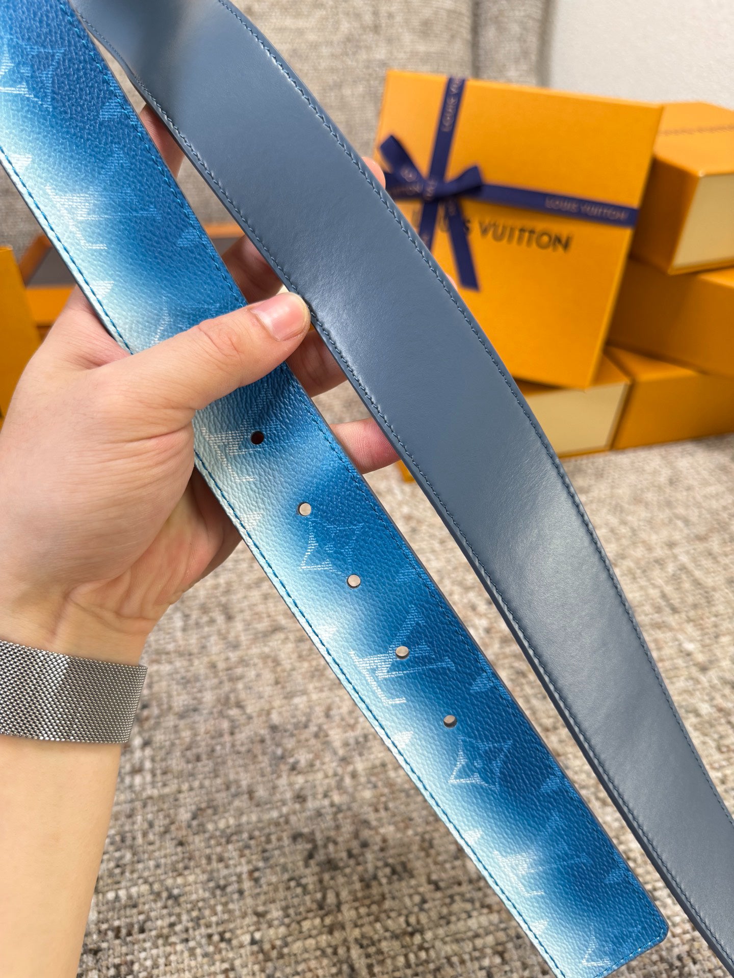 LV Blue Gradient Monogram 40mm Belt with Silver Carved LV Buckle