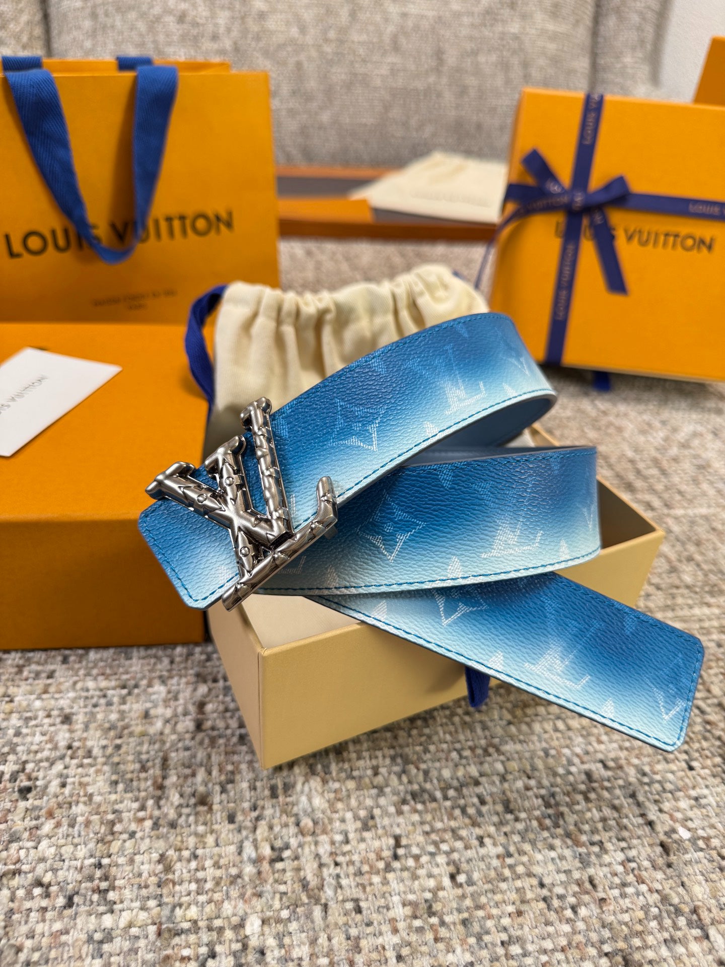 LV Blue Gradient Monogram 40mm Belt with Silver Carved LV Buckle