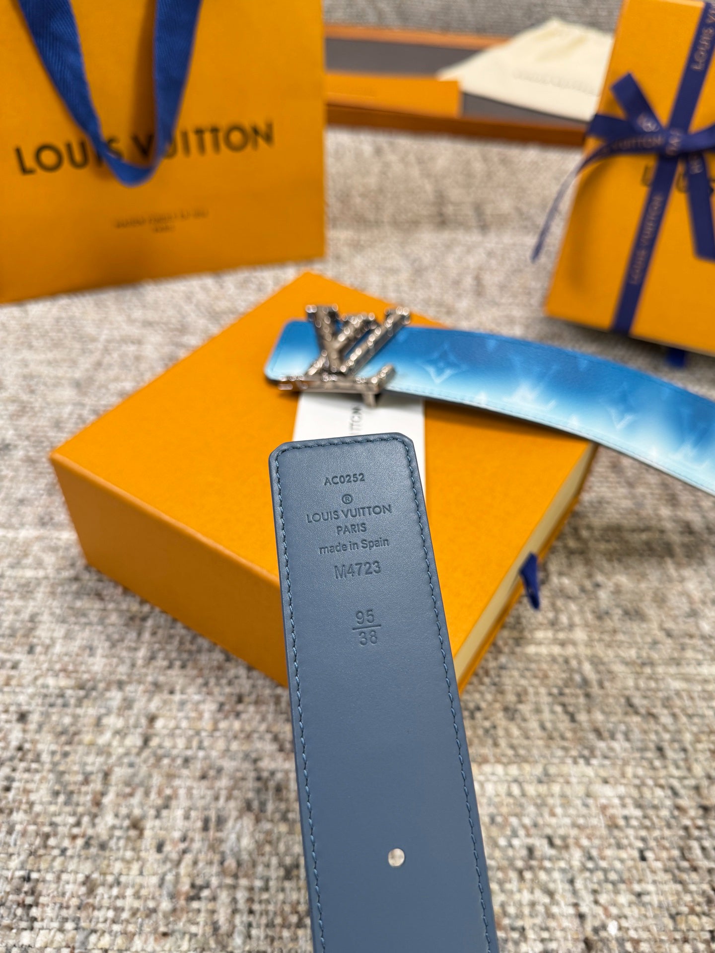 LV Blue Gradient Monogram 40mm Belt with Silver Carved LV Buckle