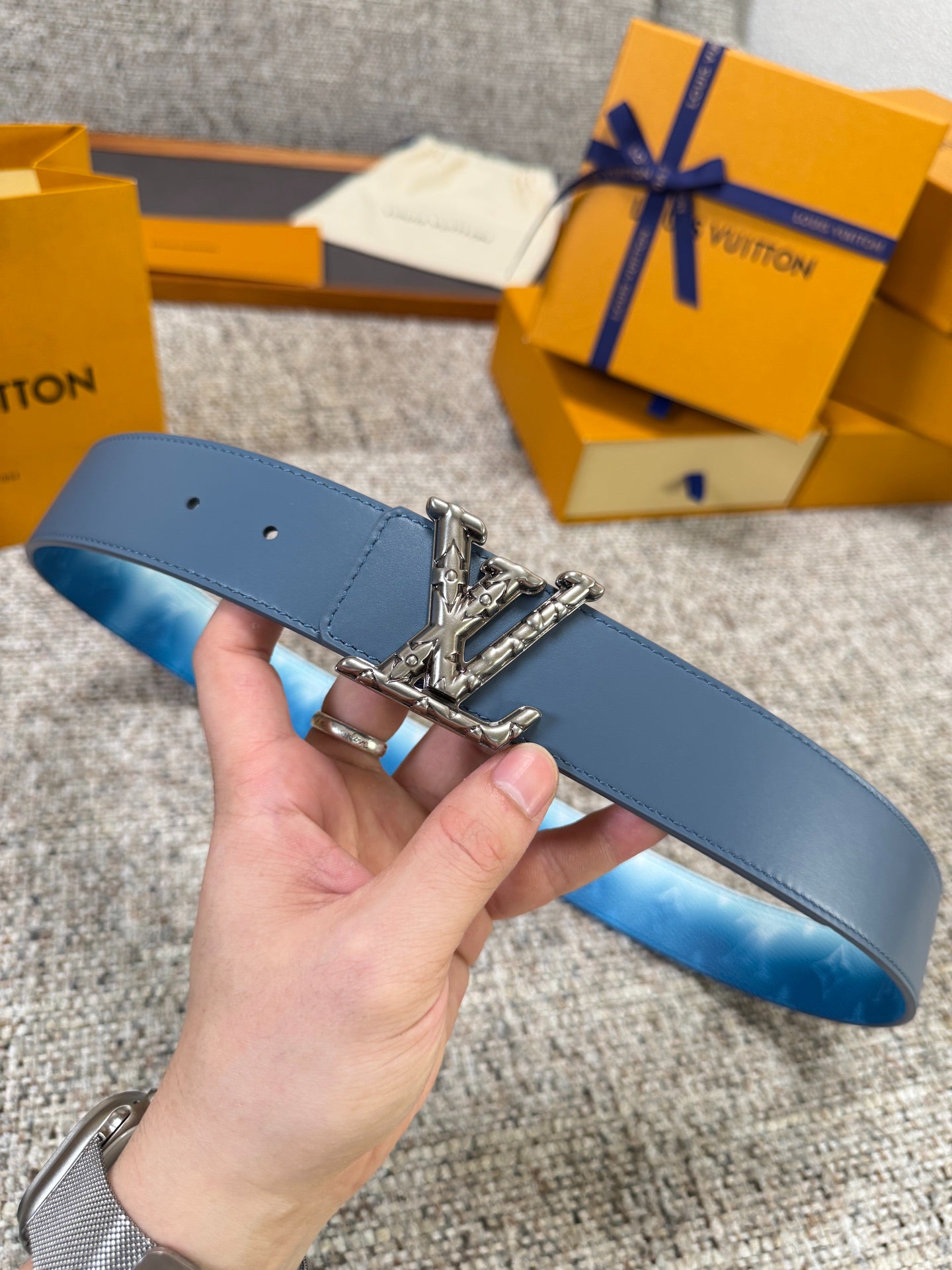 LV Blue Gradient Monogram 40mm Belt with Silver Carved LV Buckle