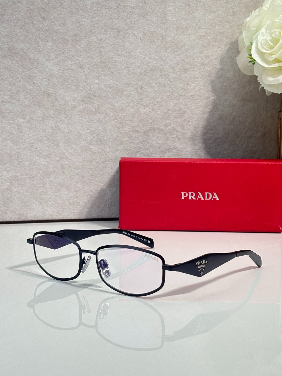 Prada Black Metal Rectangular Eyeglasses Frames with Clear Lenses