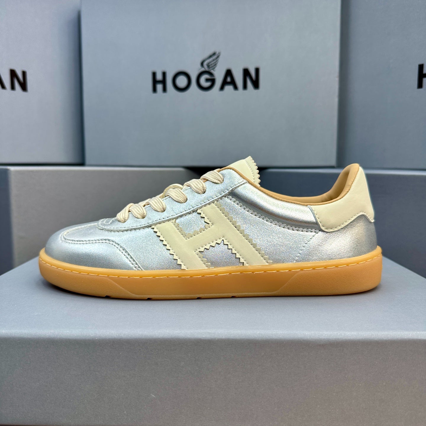 HOGAN Metallic Silver White H Logo Gum Sole Retro Casual Sneakers