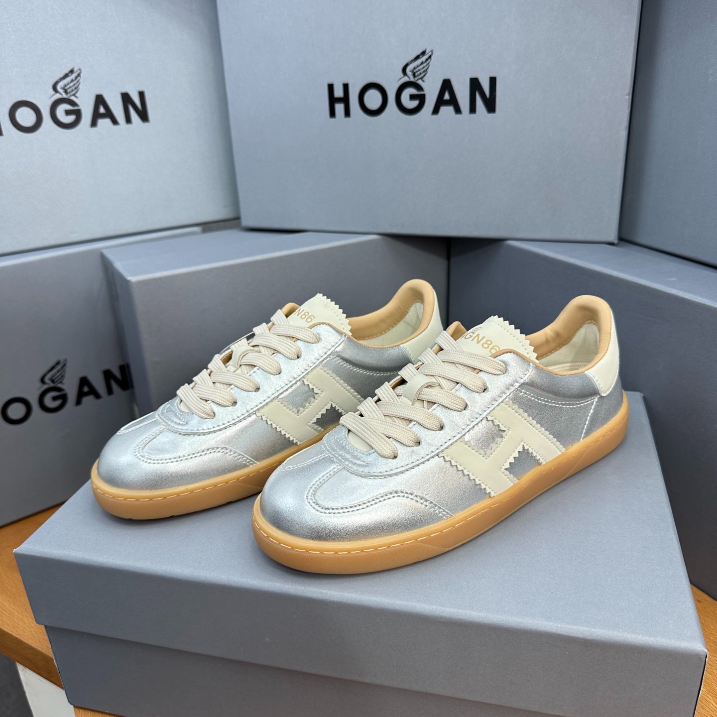 HOGAN Metallic Silver White H Logo Gum Sole Retro Casual Sneakers