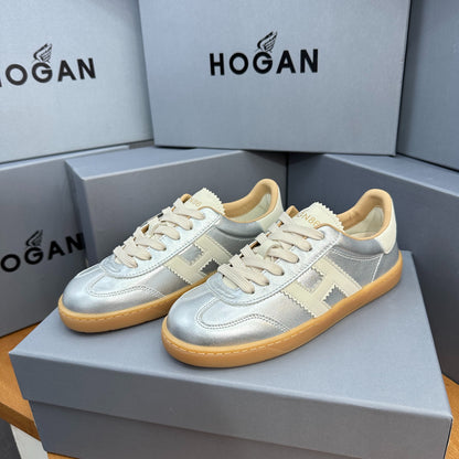 HOGAN Metallic Silver White H Logo Gum Sole Retro Casual Sneakers