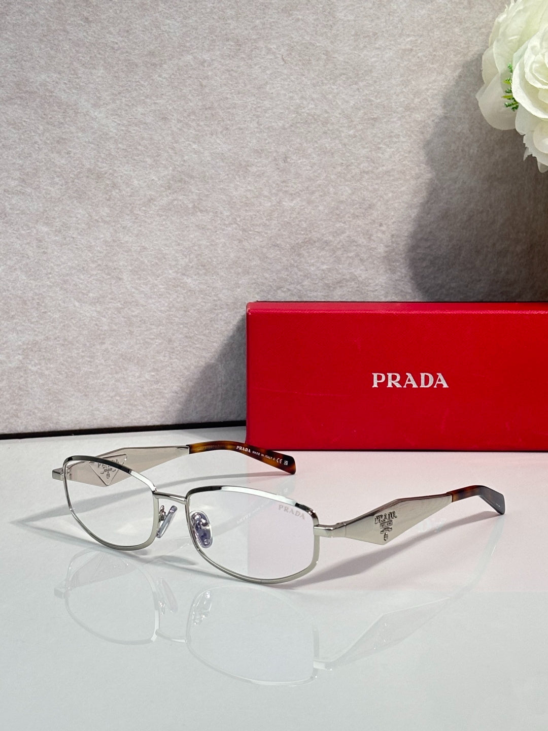 Prada Black Metal Rectangular Eyeglasses Frames with Clear Lenses