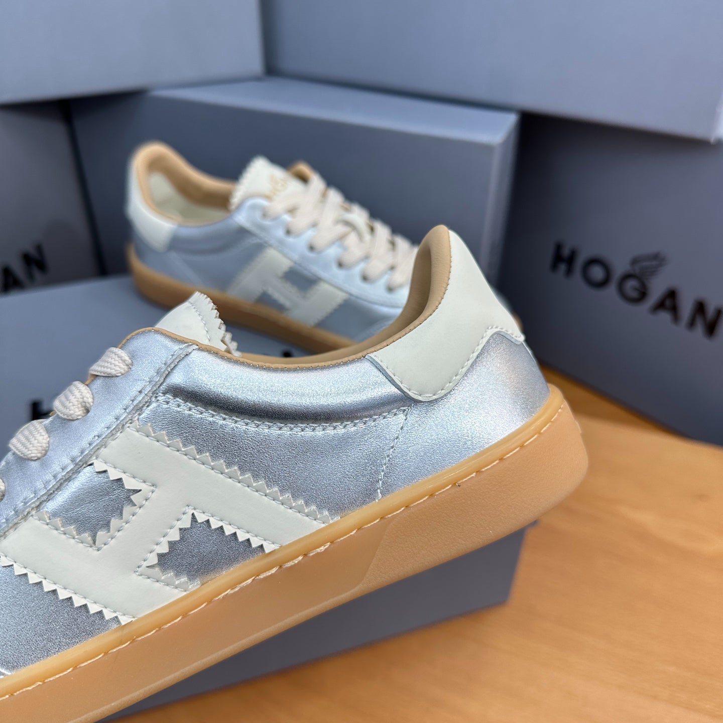 HOGAN Metallic Silver White H Logo Gum Sole Retro Casual Sneakers