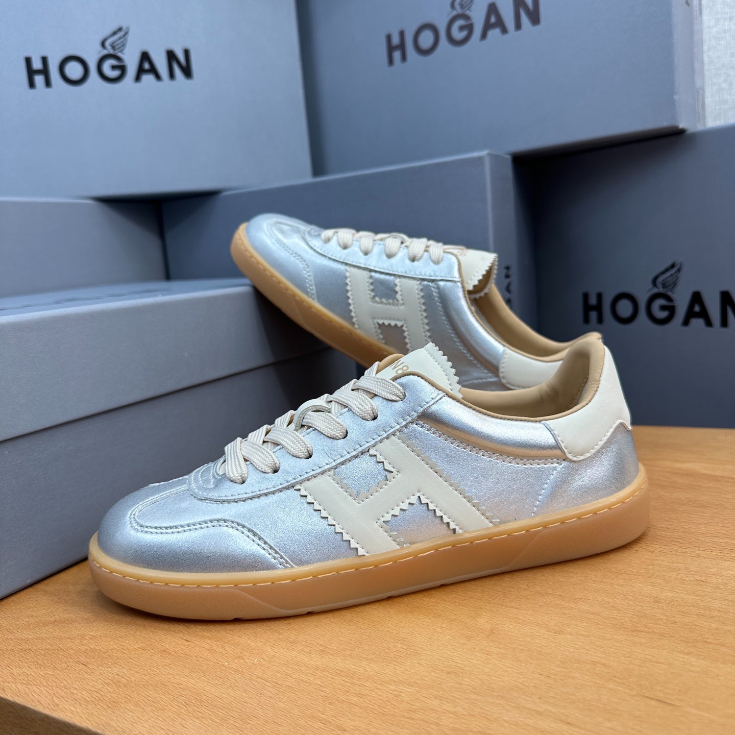 HOGAN Metallic Silver White H Logo Gum Sole Retro Casual Sneakers