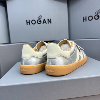 HOGAN Metallic Silver White H Logo Gum Sole Retro Casual Sneakers