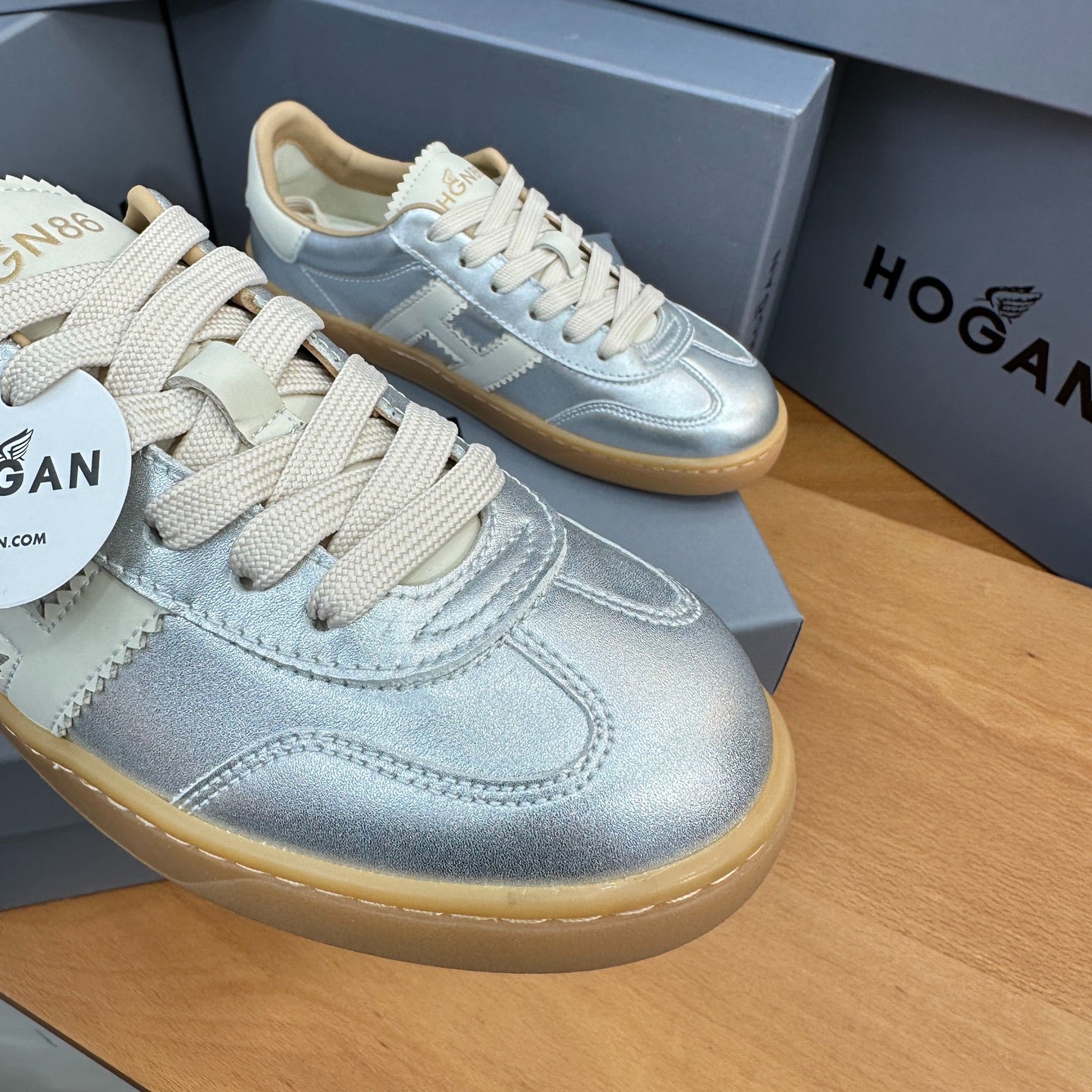 HOGAN Metallic Silver White H Logo Gum Sole Retro Casual Sneakers