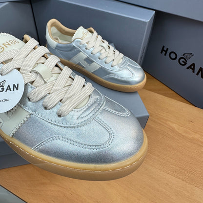 HOGAN Metallic Silver White H Logo Gum Sole Retro Casual Sneakers