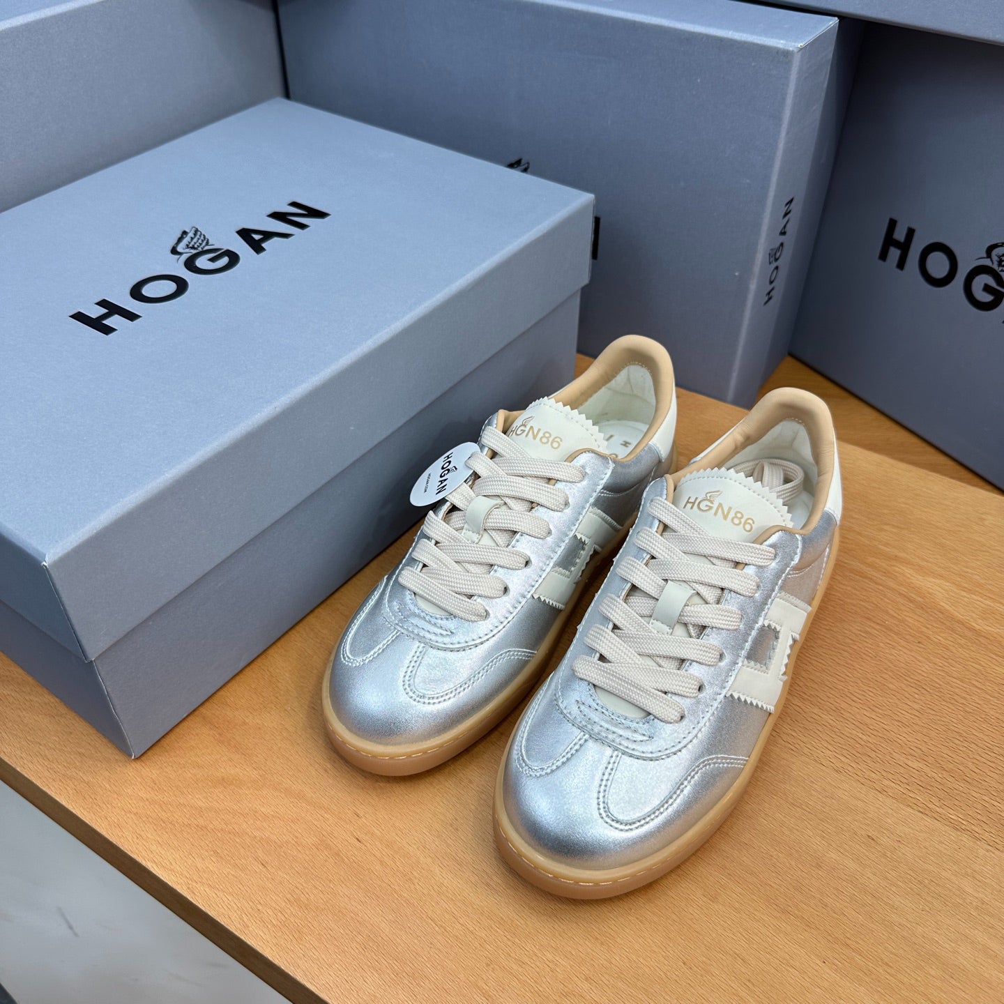 HOGAN Metallic Silver White H Logo Gum Sole Retro Casual Sneakers