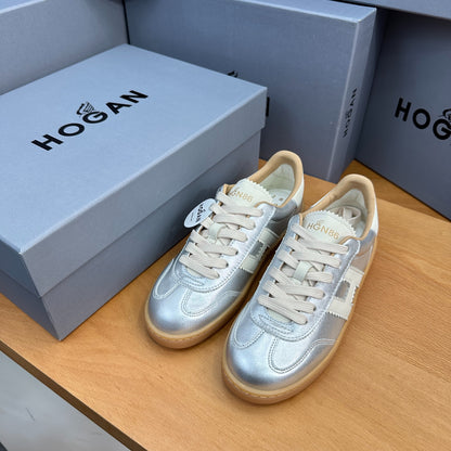 HOGAN Metallic Silver White H Logo Gum Sole Retro Casual Sneakers