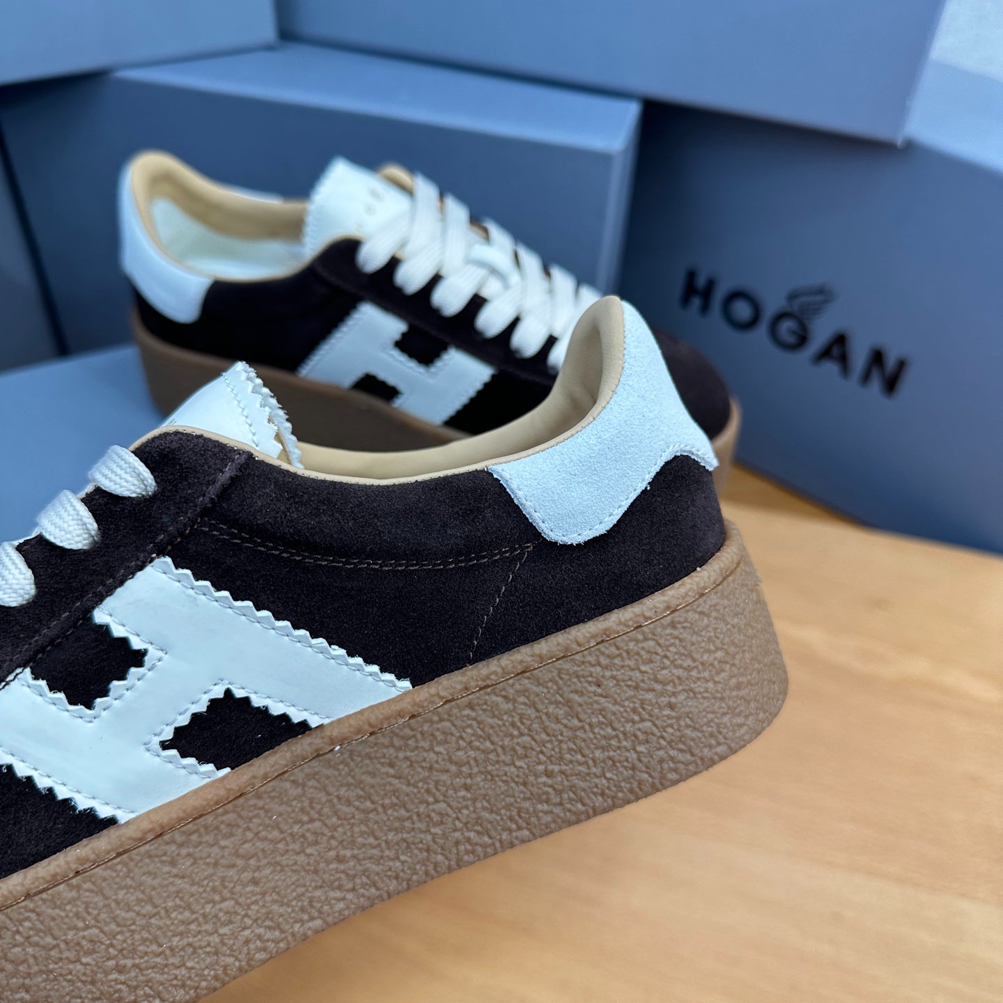 HOGAN Dark Brown Suede White H Logo Thick Gum Platform Casual Sneakers
