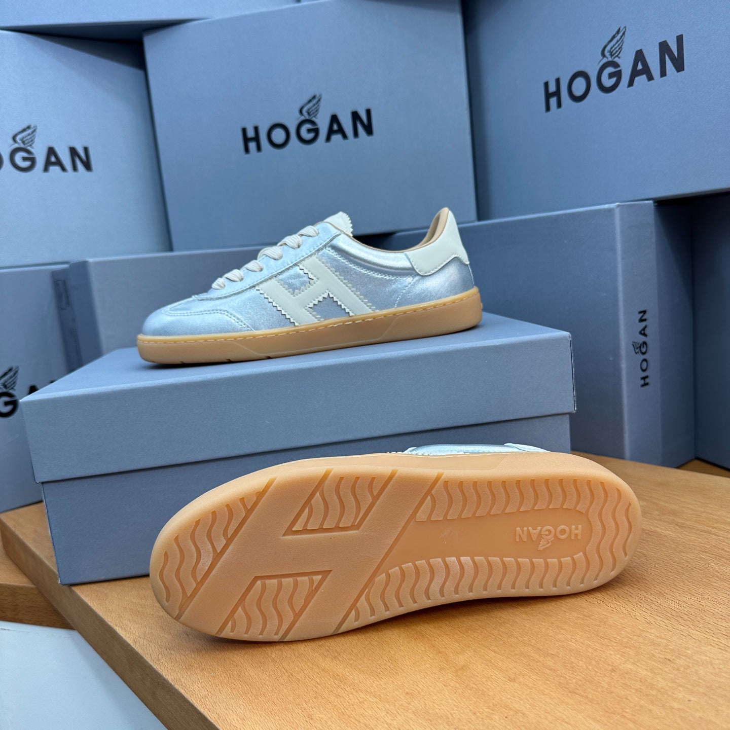 HOGAN Metallic Silver White H Logo Gum Sole Retro Casual Sneakers