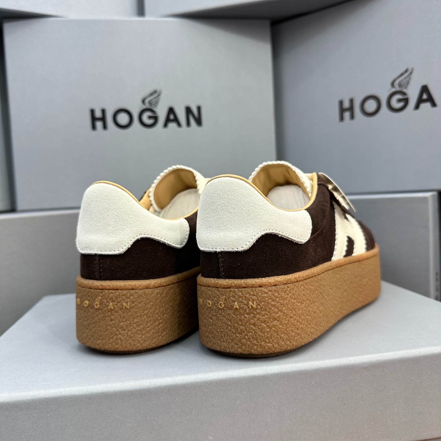 HOGAN Dark Brown Suede White H Logo Thick Gum Platform Casual Sneakers