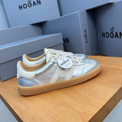 HOGAN Metallic Silver White H Logo Gum Sole Retro Casual Sneakers