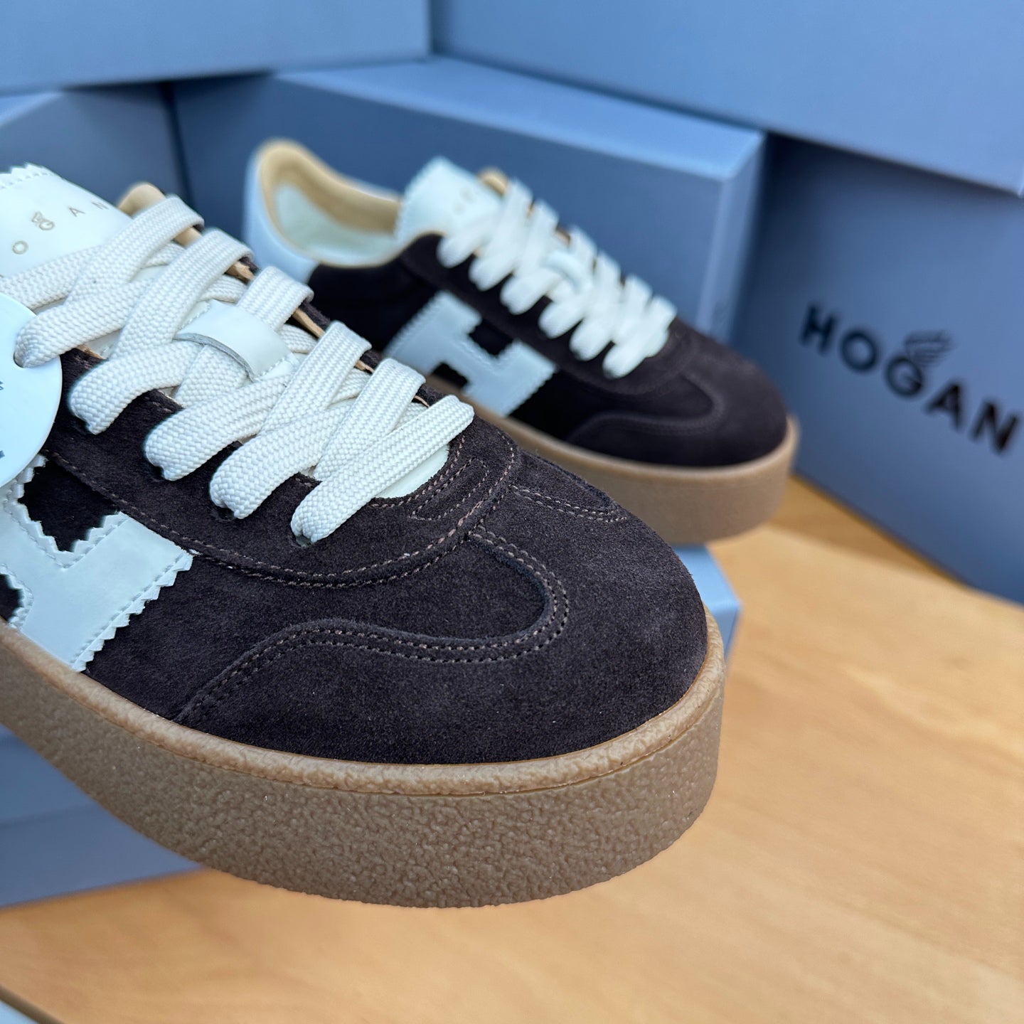 HOGAN Dark Brown Suede White H Logo Thick Gum Platform Casual Sneakers