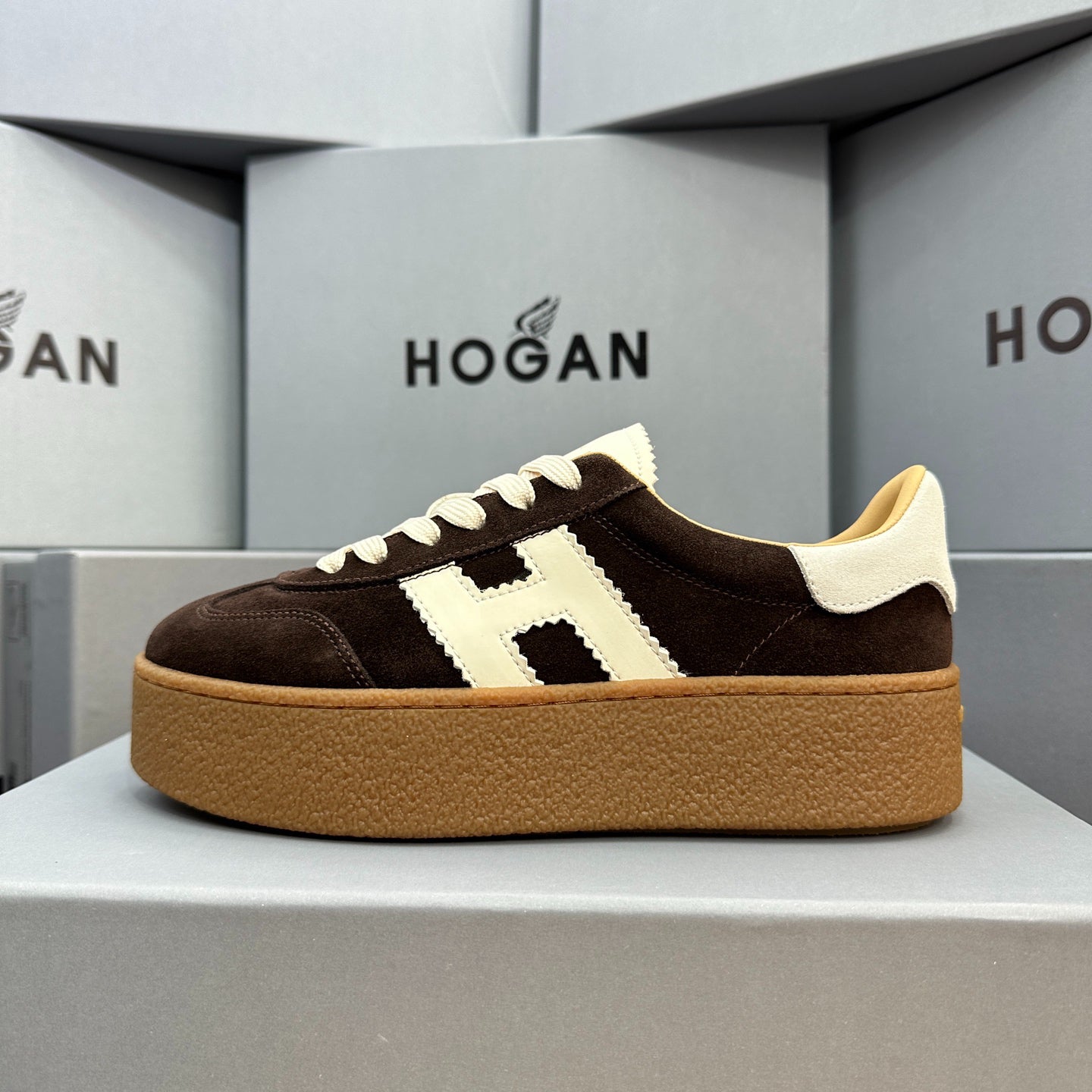 HOGAN Dark Brown Suede White H Logo Thick Gum Platform Casual Sneakers