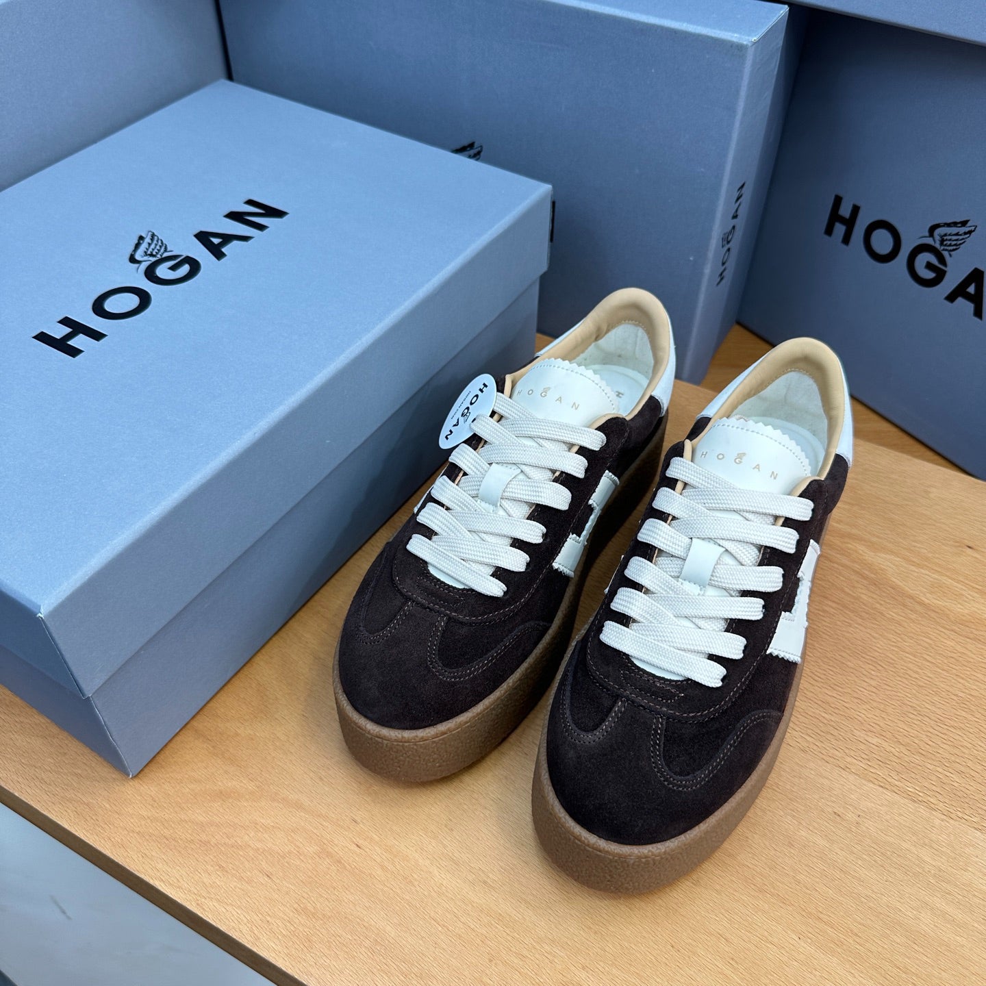 HOGAN Dark Brown Suede White H Logo Thick Gum Platform Casual Sneakers